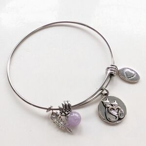 Footnotes Silver Tone Amethyst Stone Charm Cat Lover Collectible Bangle Bracelet